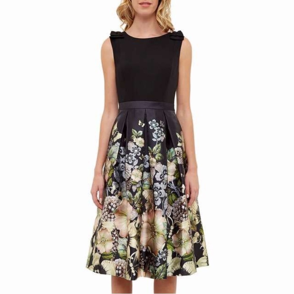 Ted Baker Black Gem Gardens Floral Fit Flare Midi Dress Bow Shoulder Size 2